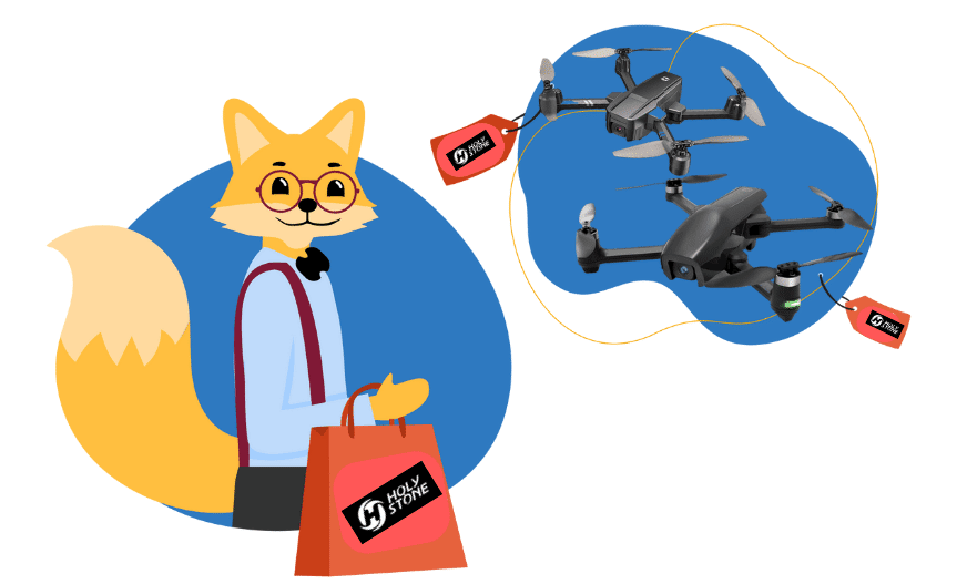 Der Smart-Home-Fox steht mit einer Einkaufstüte von Holy Stone da und präsentiert Holy Stone Drohnen.